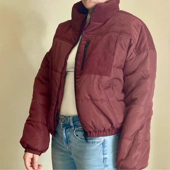 Corduroy Full Zip Puffer Jacket in Burgandy - Picture 6 of 7